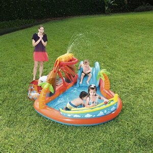 Дитячий надувний ігровий центр BestWay 53069 «Вулкан»Водна гірка з басейном, фонтаном та м'ячиками, 104*265*265 см.)
