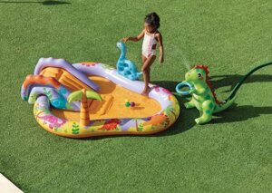 Дитячий надувний ігровий центр Intex 56139 «Дінопарк» (69*157*201 см, басейн 159 л, гірка, фонтан, кільце, 3 м'яча,