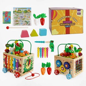Ігровий центр С 68358 дерев’яний, каталка, годинник, ксилофон, сортер, шестерні, морквяні грядки, черв’ячки,