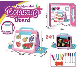 Дошка для малювання YM 66 двостороння: малювання маркерами та крейдою, 6 маркерів “пиши-витирай”, кольорова крейда,