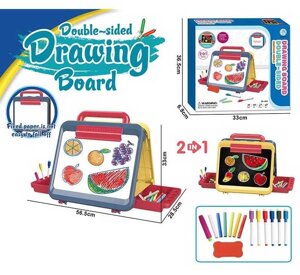 Дошка для малювання YM 65 двостороння: малювання маркерами та крейдою, 6 маркерів “пиши-витирай”, кольорова крейда,