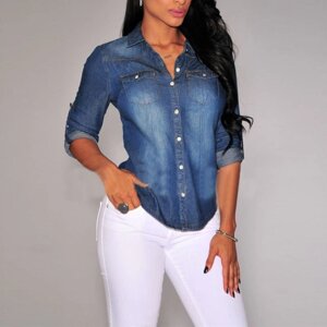Жіноча джинсова сорочка з довгим рукавом, жіноча повсякденна сорочка
