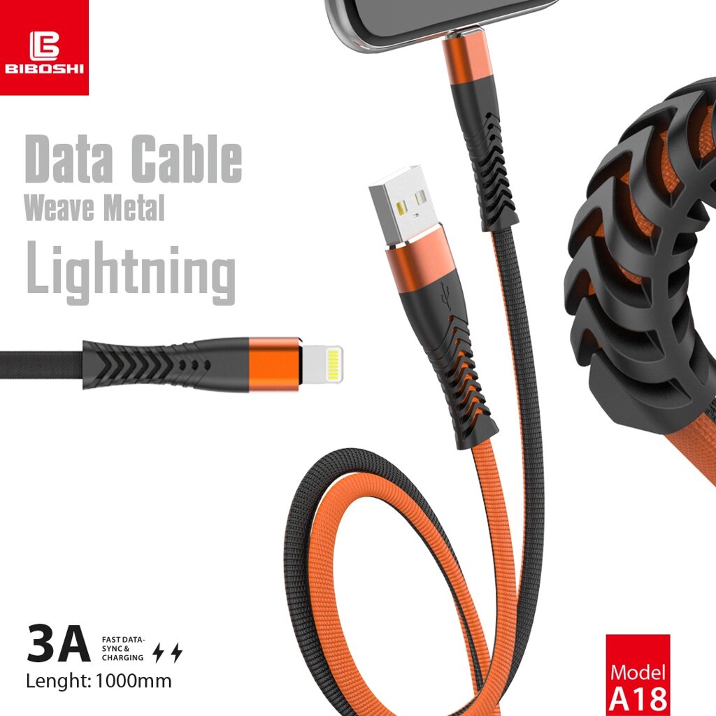 Кабель Biboshi A18 USB - Lightning 1m 3A black - orange від компанії Інтернет-магазин VNGSM - фото 1