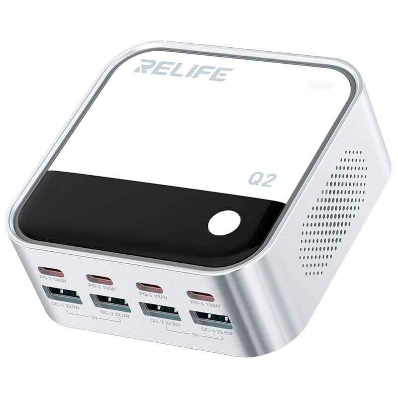 Швидкий зарядний пристрій Relife Q2 GaN / 4xUSB QC / 4xType-C PD / RGB підсвітка / 120W Max / Silver від компанії Інтернет-магазин VNGSM - фото 1