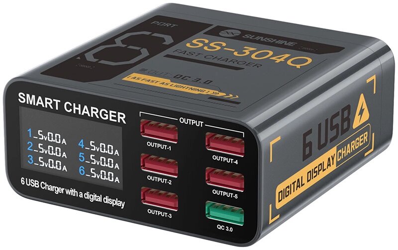 Швидкий зарядний пристрій Sunshine SS-304Q 3.5A / 5xUSB / 1xUSB QC3.0 / 40W Black від компанії Інтернет-магазин VNGSM - фото 1