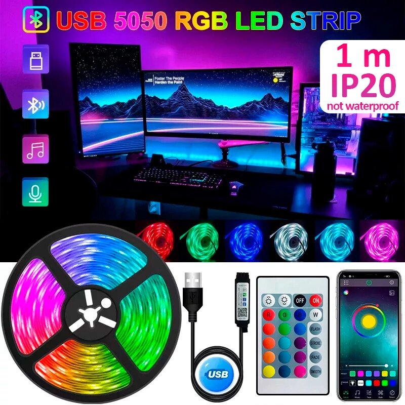 Світлодіодна LED стрічка Bluetooth, USB, 30 діодів на 1 метр, додаток, робота від Powerbank, 5В, IP20, 1 м від компанії Інтернет-магазин VNGSM - фото 1