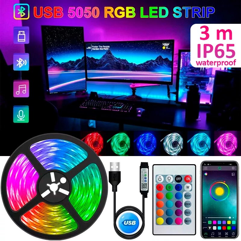 Світлодіодна LED стрічка Bluetooth, USB, 30 діодів на 1 метр, додаток, робота від Powerbank, 5В, IP65, 3 м від компанії Інтернет-магазин VNGSM - фото 1