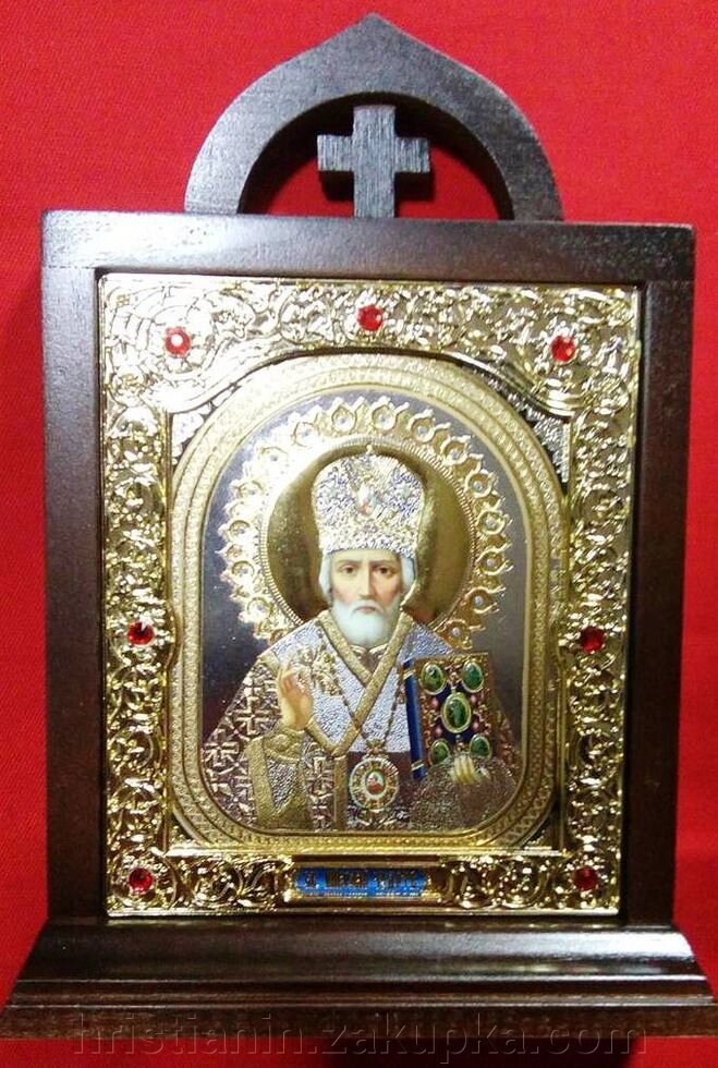 Ікона "Микола" на підставці лик 10х12 з золотим окладом від компанії ІНТЕРНЕТ МАГАЗИН "ХРИСТИЯНИН" церковне начиння - фото 1