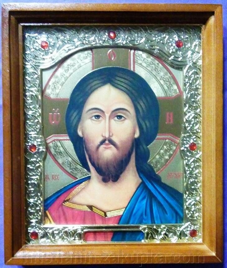 Ікона "Спаситель" Візантія, прямий дерев'яний темний кіот розміром 170х200х25 мм, зі склом з золотим окладом з камінням від компанії ІНТЕРНЕТ МАГАЗИН "ХРИСТИЯНИН" церковне начиння - фото 1