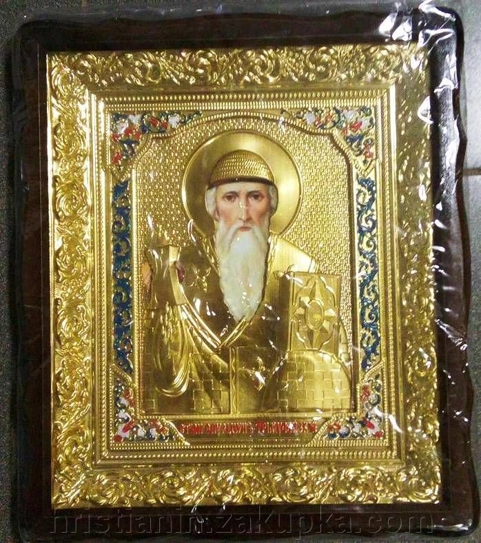 Ікона в дерев'яному фігурному кіоті + риза з емаллю, "Святитель Спиридон" від компанії ІНТЕРНЕТ МАГАЗИН "ХРИСТИЯНИН" церковне начиння - фото 1
