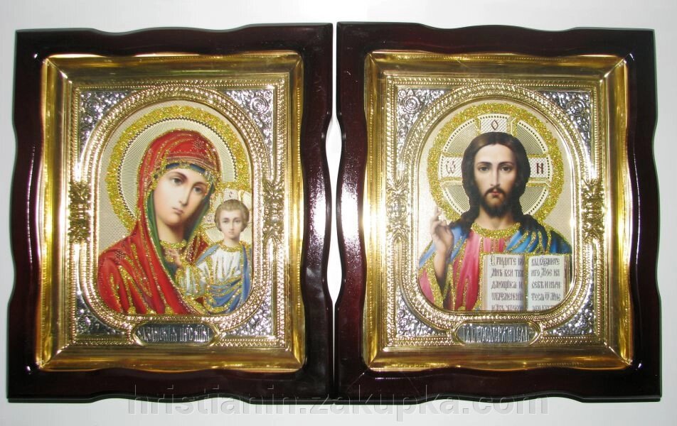 Ікони пара, в дерев'яному фігурному кіоті, з прикрасою від компанії ІНТЕРНЕТ МАГАЗИН "ХРИСТИЯНИН" церковне начиння - фото 1