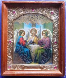 Икона "Троица Ветхозаветная" со стеклом с золотым окладом с камнями