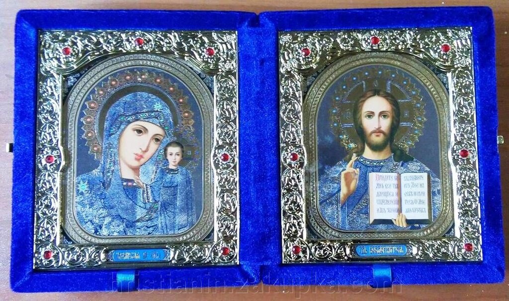 Складень оксамитовий синій, з іконами, що виймаються + стрази, 15х18 см. від компанії ІНТЕРНЕТ МАГАЗИН "ХРИСТИЯНИН" церковне начиння - фото 1