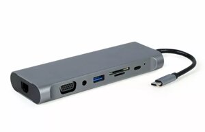 USB Type-C концентратор (хаб) мультипортовий Cablexpert 8-in-1 4xUSB 3.0 1xUSB Type-C 1xHDMI 1xSD/TF 1xAUX 3.5мм 1xVGA