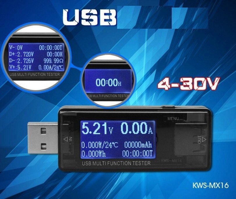 KWS-MX16 USB тестер струму, напруги, потужності і заряду (декілька режимів індикації) - наявність