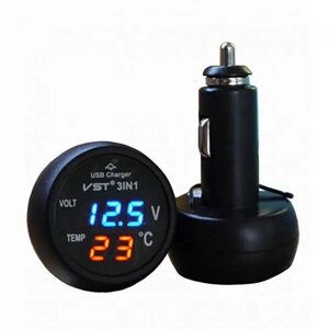 Годинник термометр + вольтметр VST 706-5 у прикурювач + USB (СІЄК)