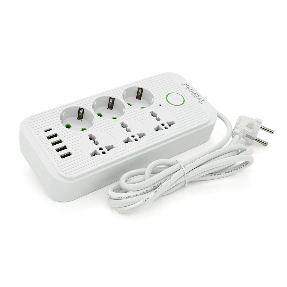 Фільтр F07U, 6 розеток (3 EU+3 Universal) + 4 USB + 1PD, кнопка включення з індикатором, 2 м, 3х0,75мм, 2500W, White, від компанії АВТОСТИЛЬ - фото 1