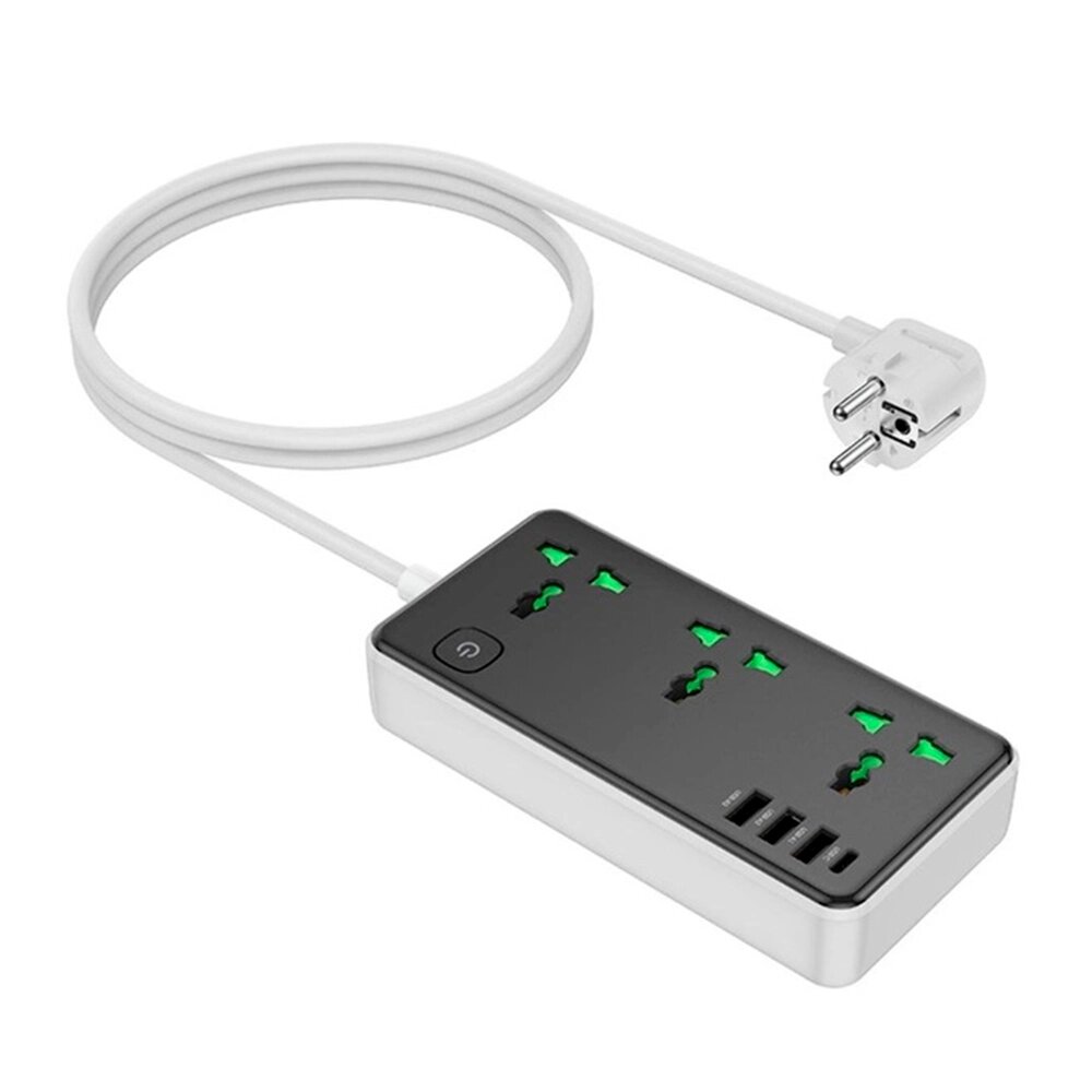 Мережевий фільтр HOCO AC7A на 3 розетки + 3 USB+USB-C, 17W, 220В, кабель 1,5м, Black/White, Box від компанії АВТОСТИЛЬ - фото 1