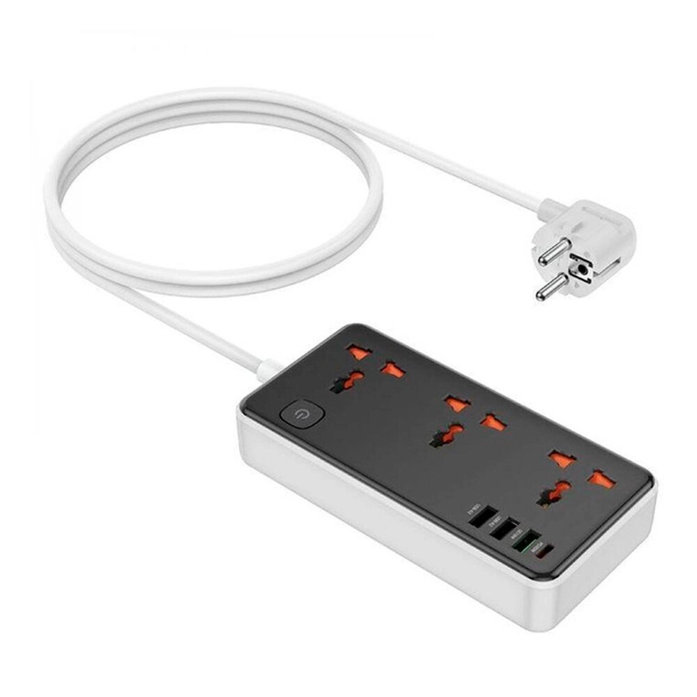 Мережевий фільтр HOCO AC8A на 3 розетки + 3 USB+USB-C, 30W, 220В, кабель 1,5м, Black/White, Box від компанії АВТОСТИЛЬ - фото 1