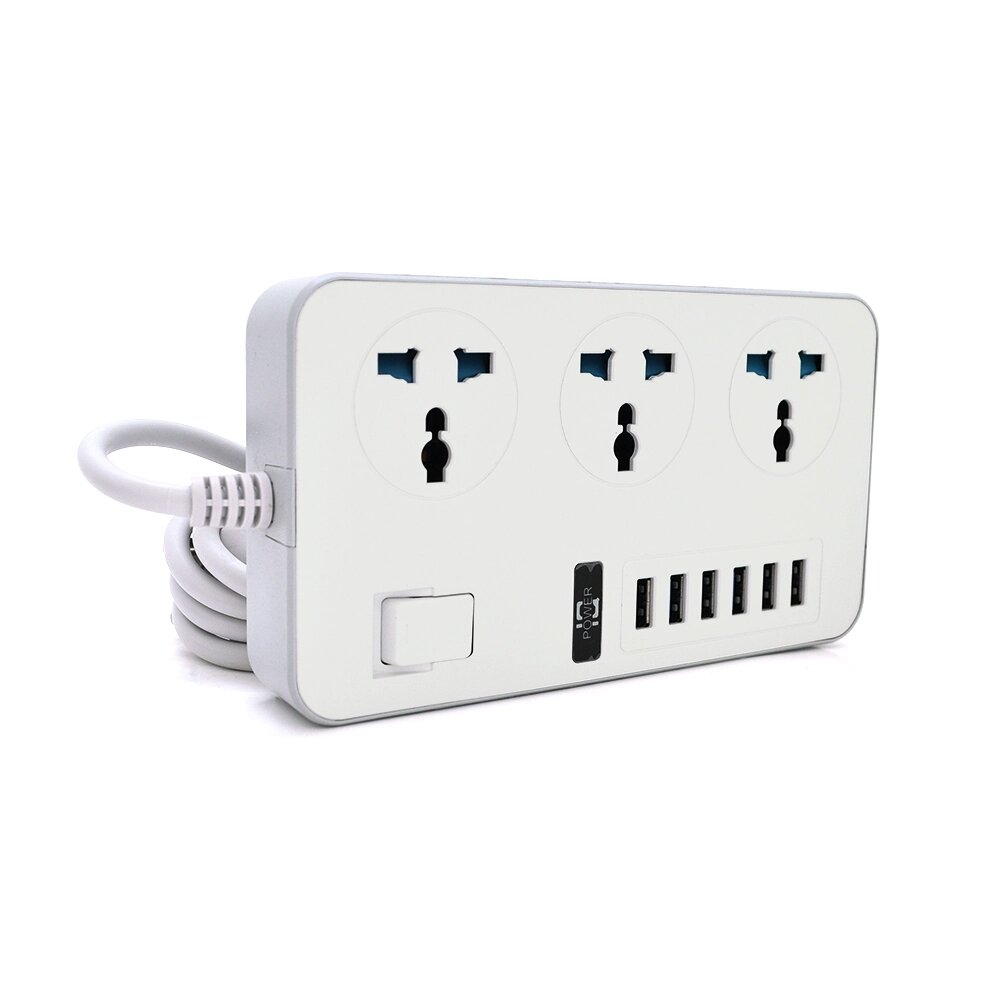 Мережевий фільтр ТВ-Т09, 3 розетки + 6 USB, 2 м, перетин 3х0,75мм, 3000W, White-grey, Box від компанії АВТОСТИЛЬ - фото 1