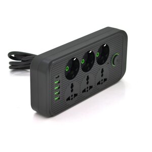 Мережевий фільтр F07U, 6 розеток (3 EU+3 Universal) + 4 USB + 1PD, кнопка включення з індикатором, 2 м, 3х0,75 мм,