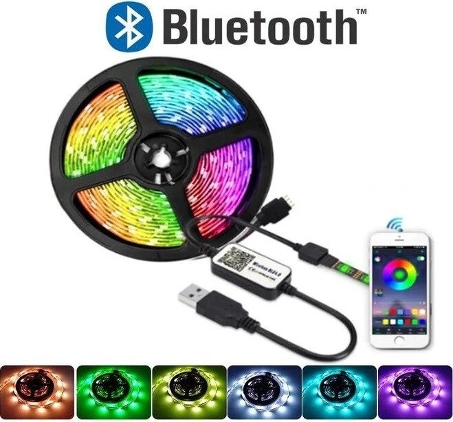 Світлодіодна стрічка 5V USB LED 5050 BLUETOOTH RGB комплект 5 метрів, різнобарвна (керування через телефон) від компанії АВТОСТИЛЬ - фото 1