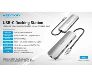 Док-станція USB3.1 type-C > HDMI/USB 3.0x2/RJ45/USB-C/SD/TF/TRRS 3.5mm/PD 100W hub 9-in-1 vention