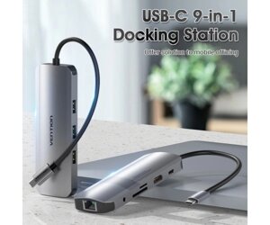 Док-станція USB3.1 type-C > HDMI/USB 3.0x3/RJ45/SD/TF/TRRS 3.5mm/PD 100W hub 9-in-1 vention