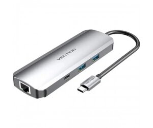 Хаб vention multi-function USB-C to HDMI/USB-C gen 1/USB3.0x2/RJ45/SD/TF/TRRS 3.5mm/PD docking station 0.15M gray