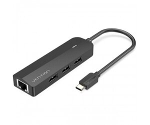 Хаб vention USB-C to USB 3.0*3/RJ45/micro-B HUB 0.15M black ABS type