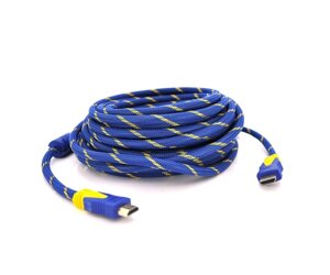 Кабель HDMI-HDMI 20m, v1.4, OD-8.0mm, 2 фільтра, обплетення, круглий Blue / Gold, коннектор Blue-yello, Пакет) Q20