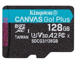 Карта пам'яті microSDXC, 128Gb, Class 10 UHS-I U3 V30 A2, Kingston Canvas Go! Plus, без SD адаптера, 170 / 90 MB/s