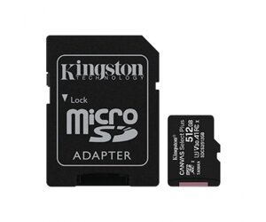 Карта пам'яті microSDXC, 512Gb, Class 10 UHS-I U3 V30 A1, Kingston Canvas Select Plus, SD адаптер, R100/W85 MB/s