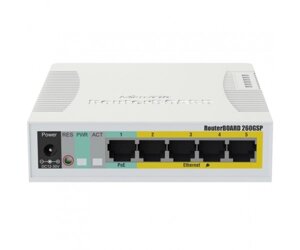 Комутатор Mikrotik RB260GSP, 5-port Gigabit smart switch with SFP cage, SwOS, plastic case, PSU