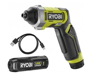 Ryobi Викрутка аккумуляторна RSD4-120T 4В USB Lithium акб 1х2А·рік 5Нм 200об·хв кейс для зберігання 10 насадок 0.37кг