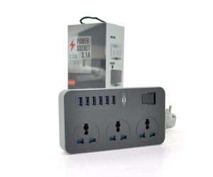 Мережевий фільтр ТВ-Т09, 3 розетки + 6 USB, 2 м, перетин 3х0,75мм, 3000W, Black-grey, Box