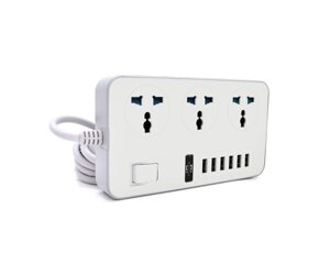 Мережевий фільтр ТВ-Т09, 3 розетки + 6 USB, 2 м, перетин 3х0,75мм, 3000W, White-grey, Box