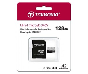 Transcend карта пам'яті microsd 128GB C10 UHS-I U3 A2 R160/W125MB/s + SD