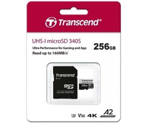 Transcend карта пам'яті microsd 256GB C10 UHS-I U3 A2 R160/W125MB/s + SD