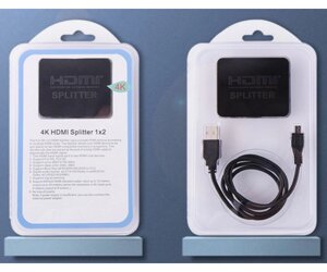 Відеорозгалужувач 2xHDMI, Splitter HDMI на 2 монітори, активний, v1.4a, 3D, 4K, чорний