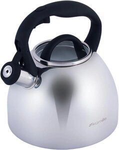 Чайник Kamille Whistling Kettle 2.7л з нержавіючої сталі зі свистком і скляною кришкою (чорна ручка)