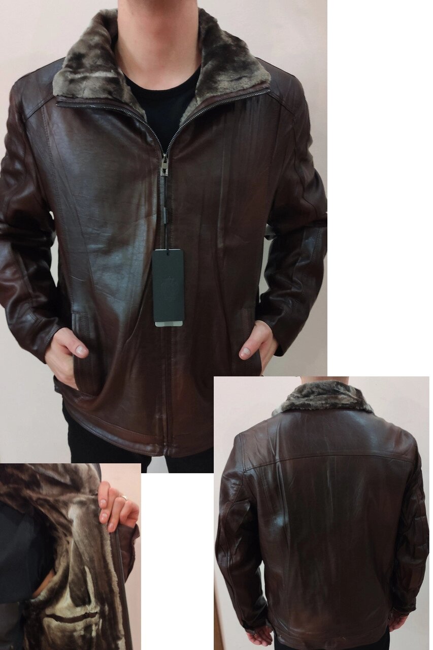 Дублянка, куртка чоловіча зимова коричнева з екошкіри на хутрі, є великі розміри DIKAI від компанії ГАРДЕРОБ - фото 1