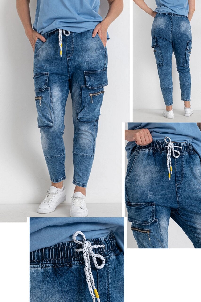 Джогери, джинси з поясом на гумці, з накладними кишенями карго демісезонні, стрейчеві жіночі FANGSIDA від компанії ГАРДЕРОБ - фото 1