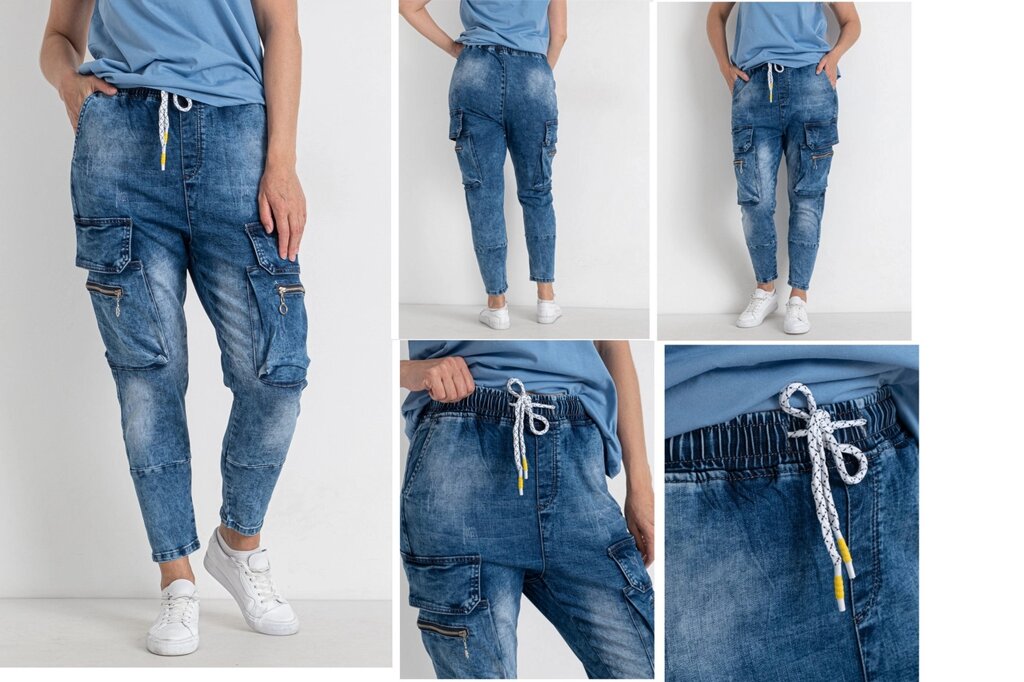 Джогери, джинси з поясом на гумці, з накладними кишенями карго демісезонні, стрейчеві жіночі FANGSIDA від компанії ГАРДЕРОБ - фото 1