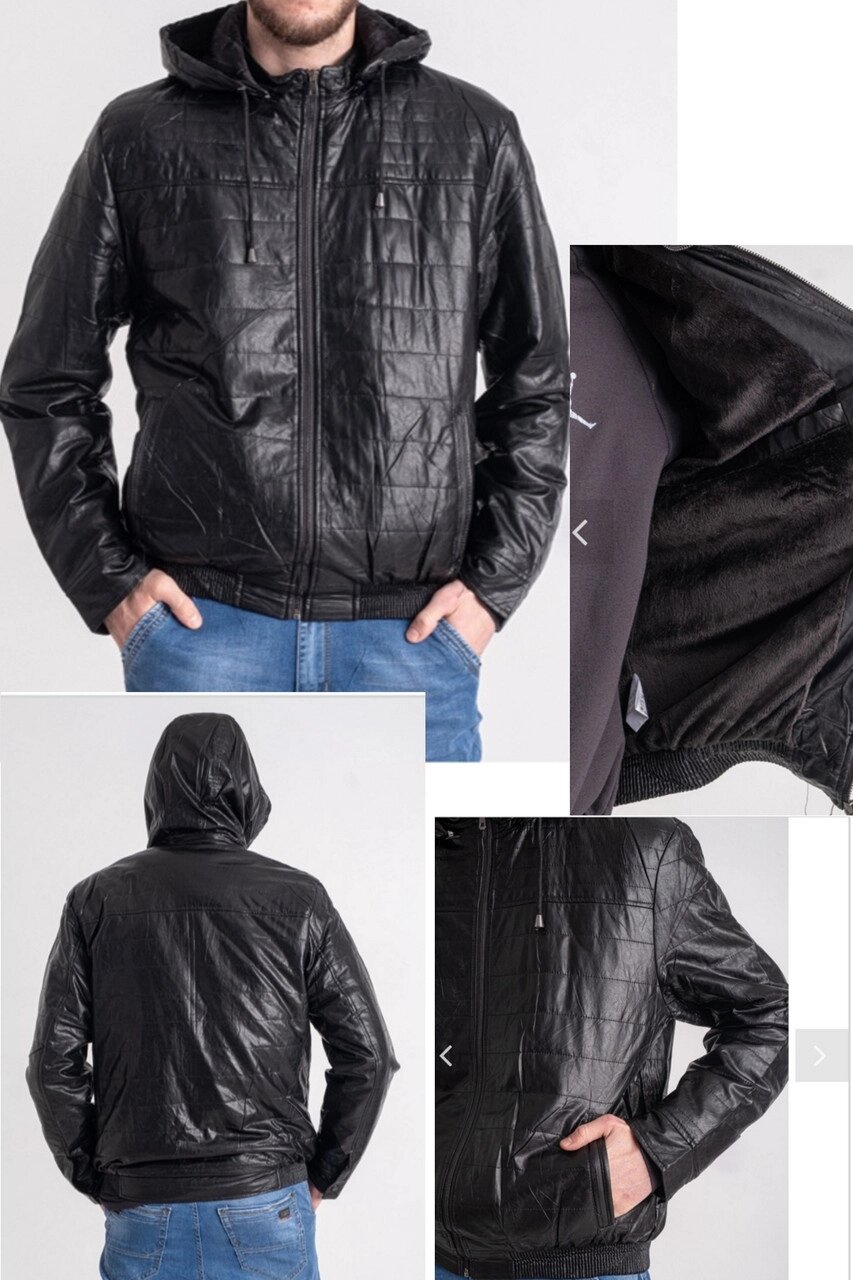 Куртка чоловіча демісезонна з екошкіри високої якості, з капюшоном HESTOVRVIIO від компанії ГАРДЕРОБ - фото 1