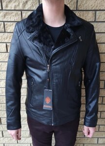 Дублянка, косуха, куртка чоловіча зимова чорна з екошкіри на хутрі, є великі розміри DIKAI