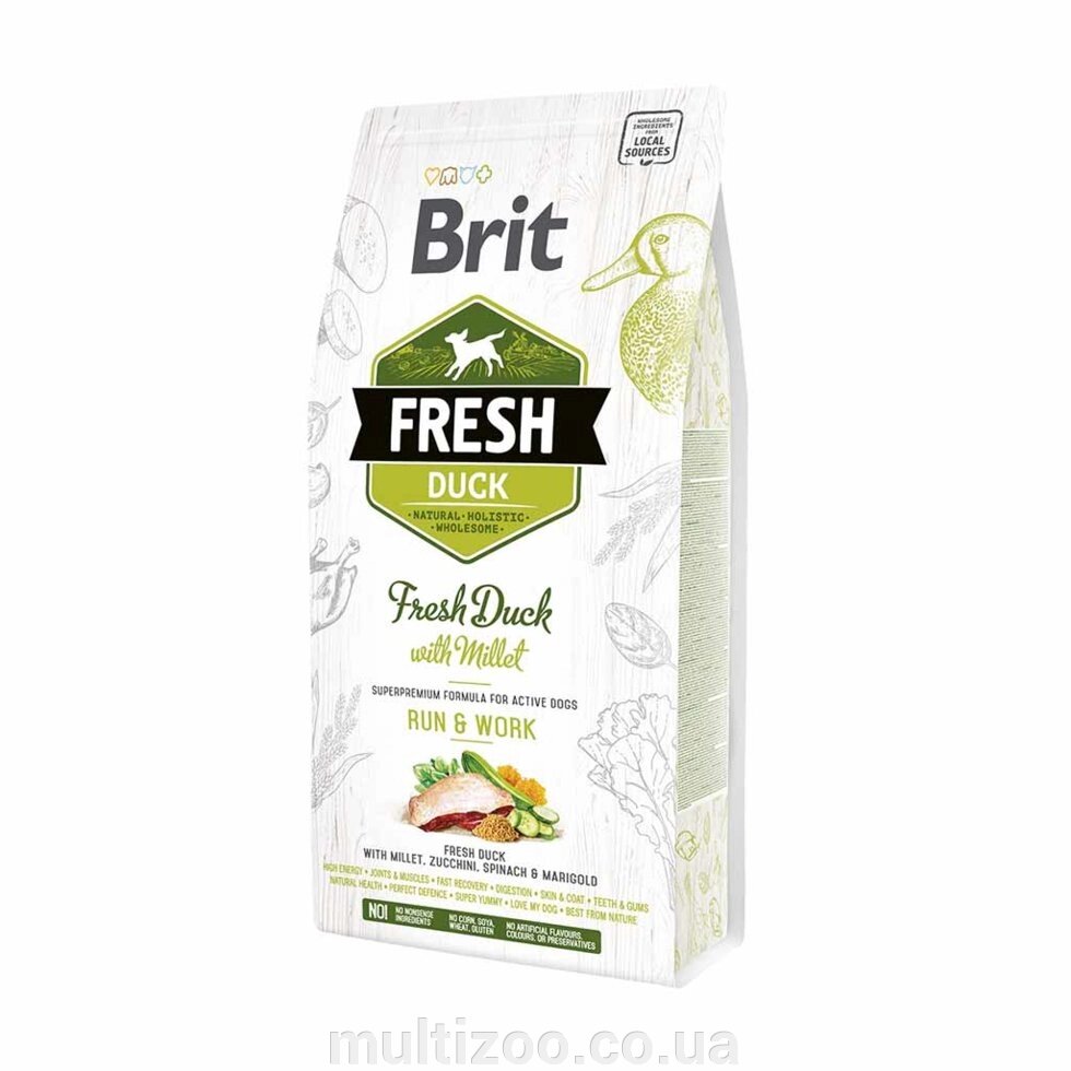 Сухий корм Brit Fresh для дорослих активних собак, з качкою та пшоном, 12 кг від компанії Multizoo - зоотовари для тварин - фото 1