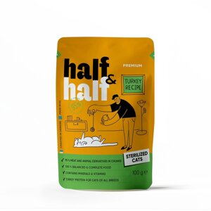 Корм вологий Half&Half для стерилізованих котів, шматочки з індичкою в желе у формі пауча, 100 г