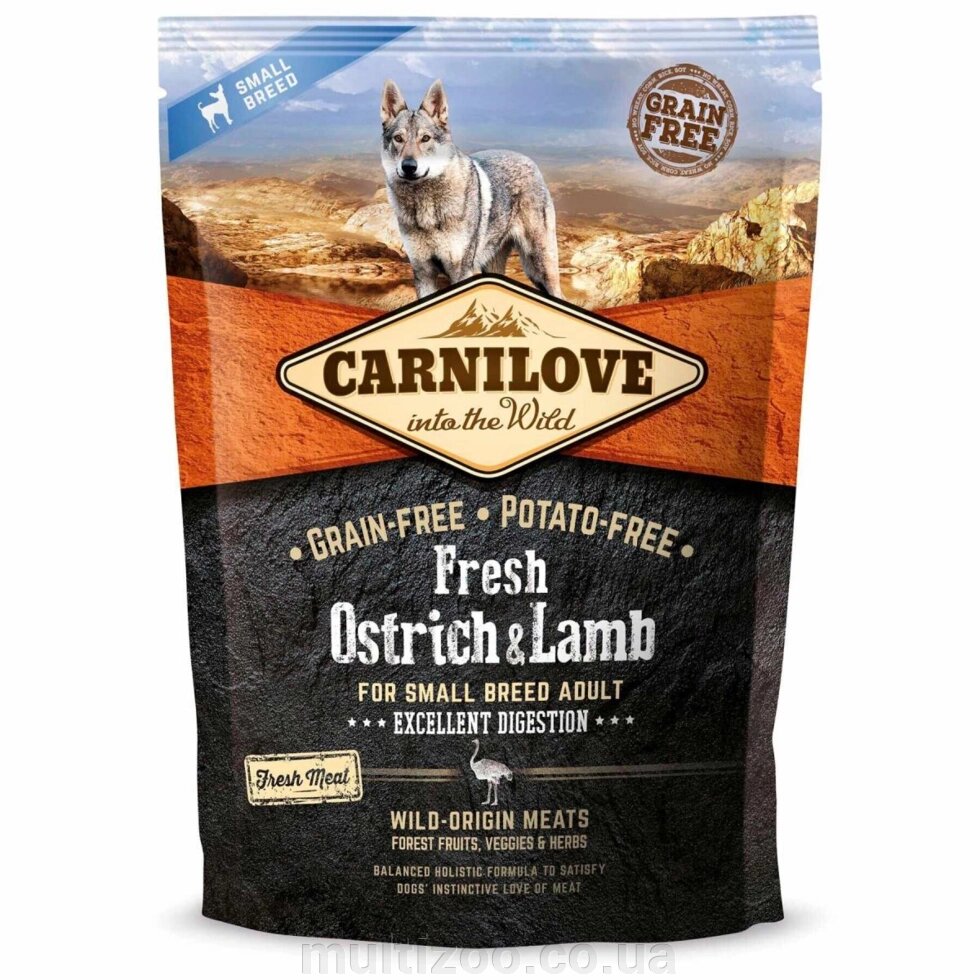 Сухий корм для дорослих собак дрібних порід Carnilove Fresh Ostrich & Lamb 1,5 кг (ягня та страус) від компанії Multizoo - зоотовари для тварин - фото 1