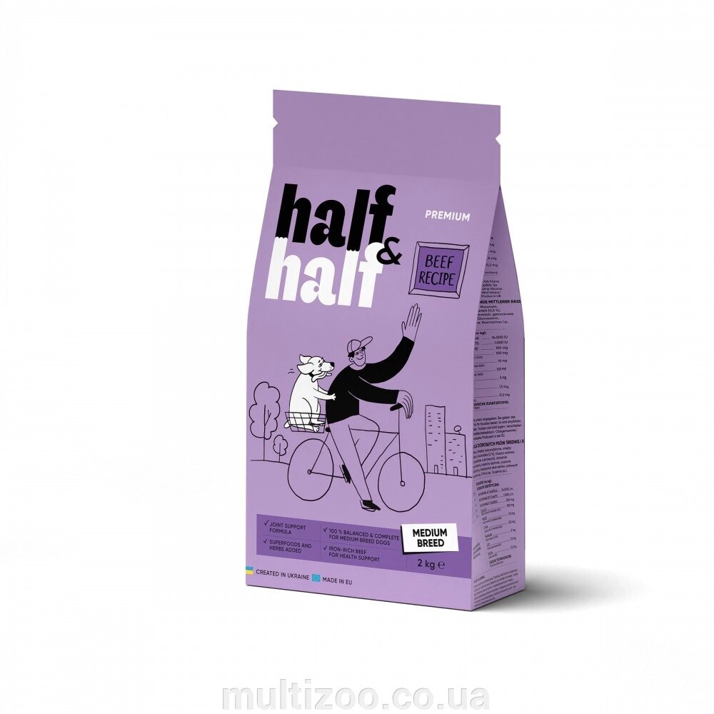 Сухий корм Half&Half для дорослих собак середніх порід, із яловичиною, 2 кг від компанії Multizoo - зоотовари для тварин - фото 1